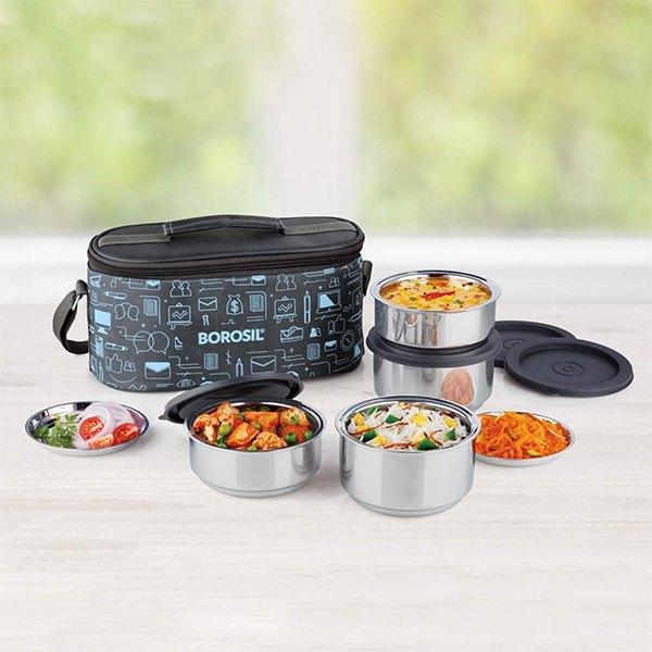 Blue Grey Customized Borosil Stainless Steel Insulated Lunch Box Set of 4 (2pcs 280 ml + 2pcs 180 ml)