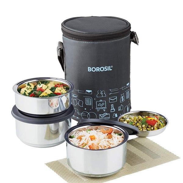 Black Customized Borosil Stainless Steel Insulated Lunch Box Set of 3 (2pcs 280 ml + 1pc 180 ml)