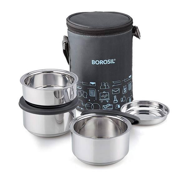 Black Customized Borosil Stainless Steel Insulated Lunch Box Set of 3 (2pcs 280 ml + 1pc 180 ml)
