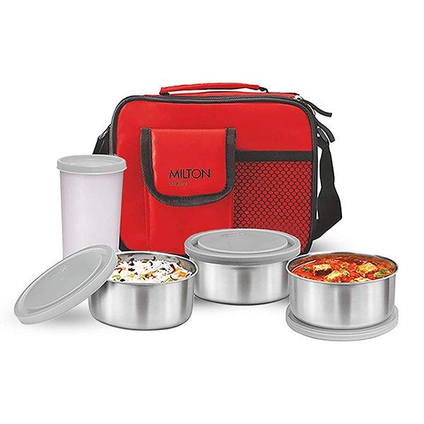 Red Customized Milton Stainless Steel Lunch Box with Tumbler, 4-Pieces