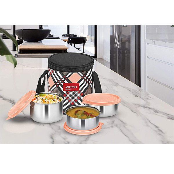 Orange Customized Milton Insulated Lunch Box, Set of 3, Stainless Steel