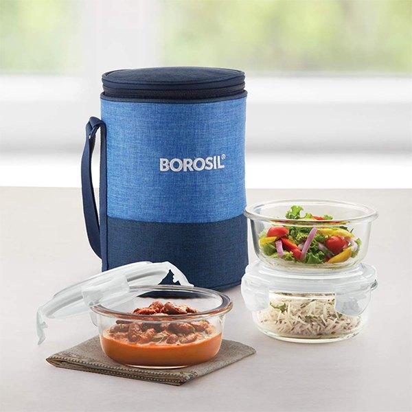 Blue Customized Borosil Glass Lunch Box 400 ml, Round, Microwave Safe Office Tiffin Set of 3
