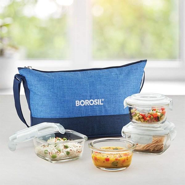 Blue Customized Borosil Glass Lunch Box Microwave Safe Office Tiffin (320 ml sq, 240 ml Round, Transparent) -Set of 4