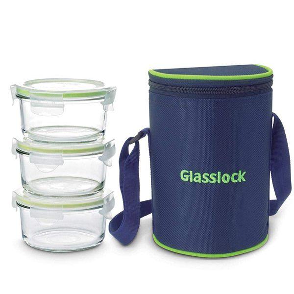 Blue Customized Glasslock Korea Tempered Microwave Safe Glass Container Lunch box, 400 ml, Set of 3