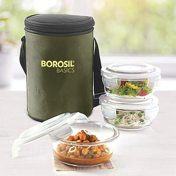 Green Customized Borosil Glass Microwave Safe Office Tiffin (400 ml, Set of 3)
