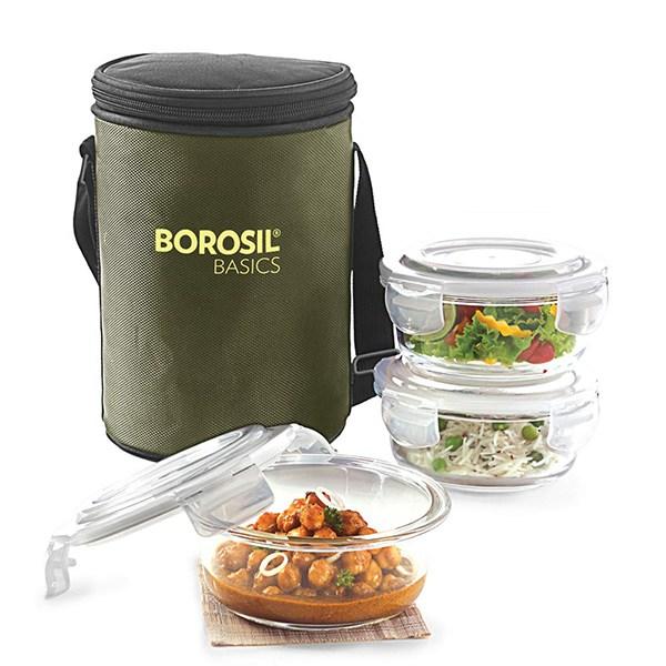 Green Customized Borosil Glass Microwave Safe Office Tiffin (400 ml, Set of 3)