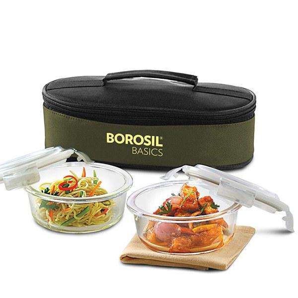 Green Customized Borosil Glass Lunch Box 400 ml, Microwave Safe, Set of 2