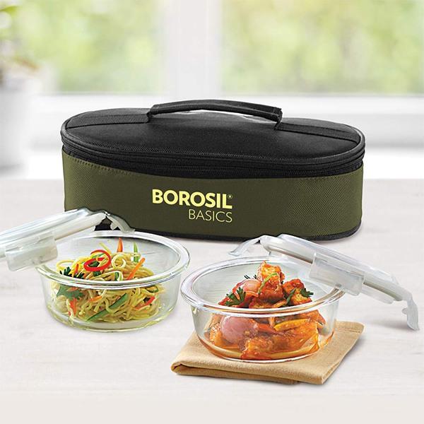 Green Customized Borosil Glass Lunch Box 400 ml, Microwave Safe, Set of 2
