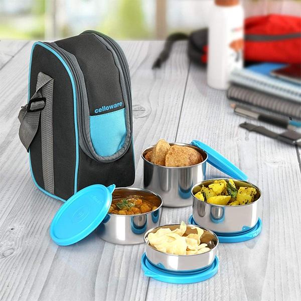 Blue Customized Cello Stainless Steel Lunch Box (Capacities - 225ml, 375ml x 2, 550ml)