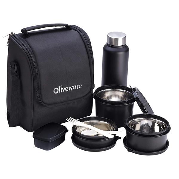 Black Customized Oliveware Lunch Box with Bottle, 3 Stainless Steel Containers, Pickle Box and Assorted Steel Bottle