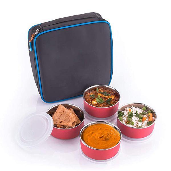 Black Customized Stainless Steel Air Tight Lunch with 4 Containers and Black Bag Cover