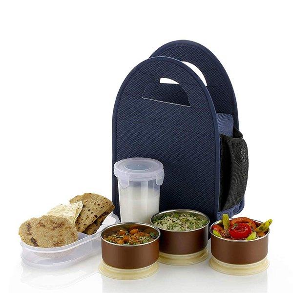Blue Customized Stainless Steel Lunch Box (Lunch Box with 3 Air Tight, Leak Proof Containers, 1 Casseroles Set with Plastic Bottle)