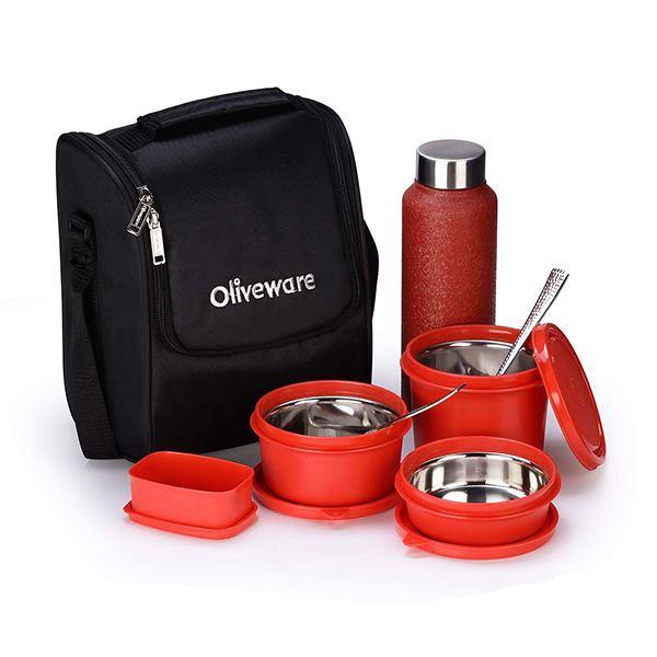 Black Customized Oliveware Lunch Box with Bottle (3 Stainless Steel Containers, Plastic Pickle Box, Steel Spoon & Fork)