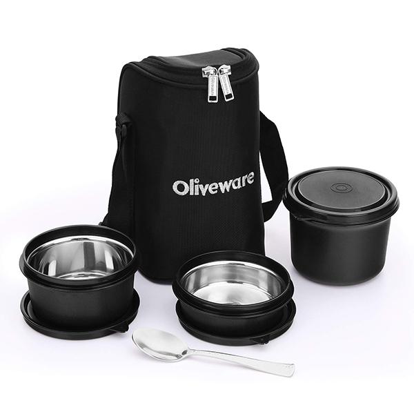 Black Customized Oliveware Lunch Box, Microwave Safe & Leak Proof (3 Air-Tight Containers with Steel Spoon)