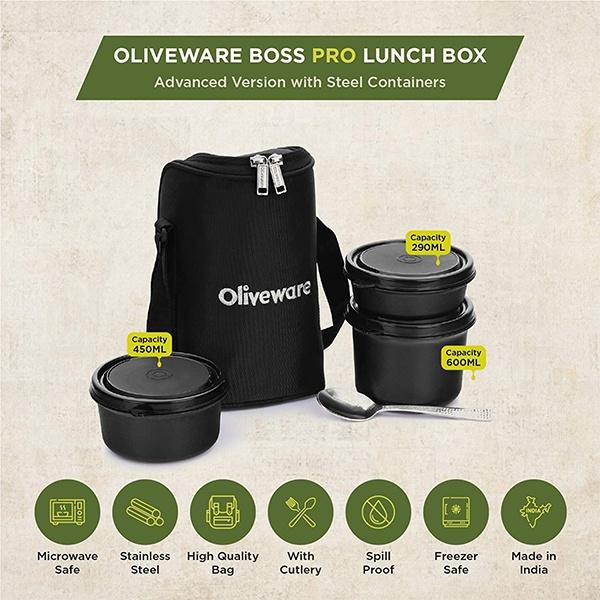 Black Customized Oliveware Lunch Box, Microwave Safe & Leak Proof (3 Air-Tight Containers with Steel Spoon)