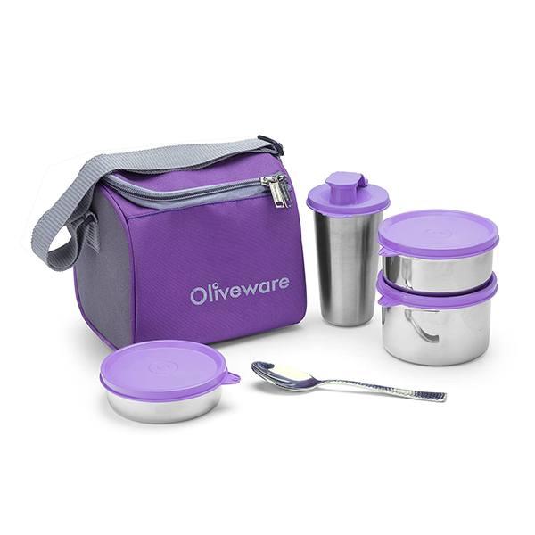 Purple Customized Oliveware Insulated Lunch Box, 3 Stainless Steel Containers and Sipper with Steel Spoon