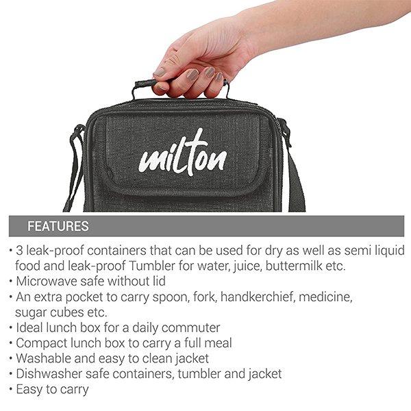 Black Customized Milton Lunch Box, 3 Containers and 1 Tumbler, Microwave Safe, Leak Proof