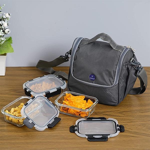 Grey Customized Femora Borosilicate Glass, Microwave Safe, Lunch Box 400ml (Set of 3)