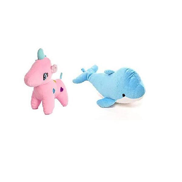 Blue Pink Customized Soft Stuff Toys, Combo Of 2 Unicorn And Dolphin Kids Return Gift