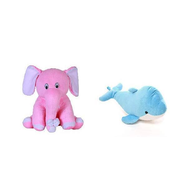 Blue Pink Customized Soft Stuff Toys Combo Of 2 Dolphin And Baby Elephant Kids Return Gift