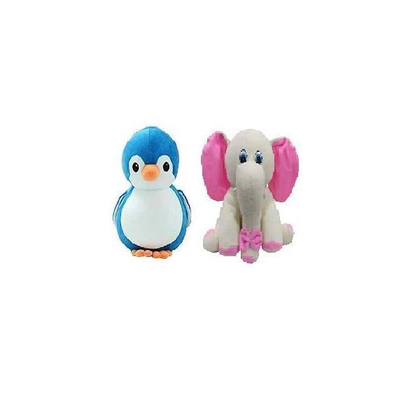 Blue Grey Customized Soft Stuff Toys Combo Of 2 Penguin And Baby Elephant Kids Return Gift