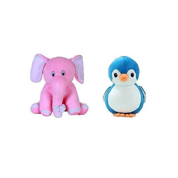 Pink Blue Customized Soft Stuff Toys Combo Of 2 Penguin And Baby Elephant Kids Return Gift