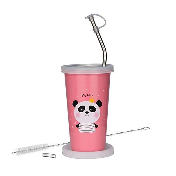 Pink Panda Customized Stainless Steel Glass with Straw and Lid 370 ml