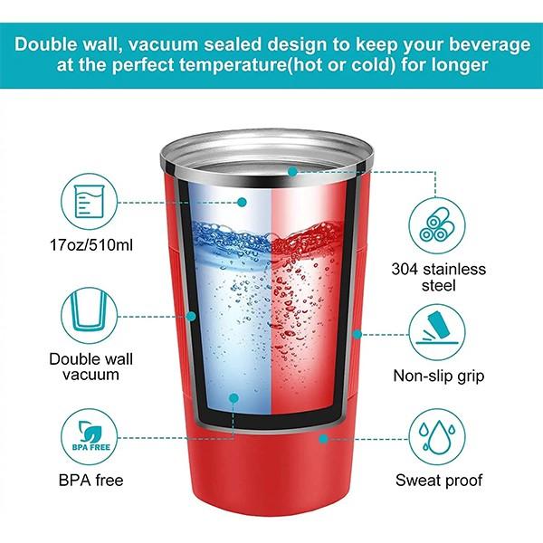 Red Customized Insulated Travel Coffee Mug, Double Wall Vacuum Stainless Steel Fat-Bottomed Coffee Cup Tumbler with Spill Proof Flip Lid, 510 ML