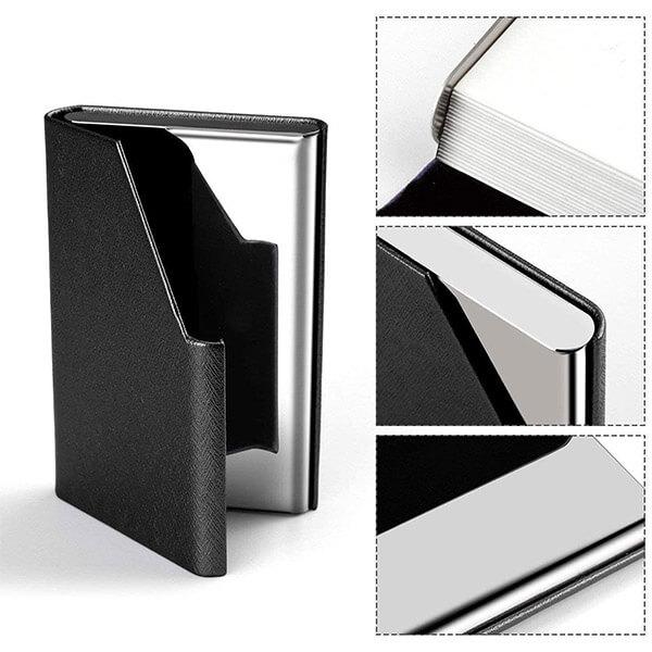Black Customized Visiting Card Holder Wallet PU Leather Steel for Men Women