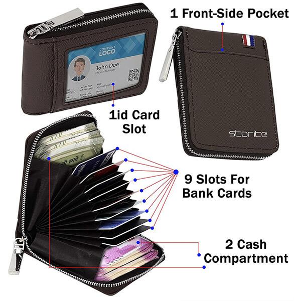 Chocolate Brown Customized PU Leather 9 Slot Vertical Visiting Card Holder Money Wallet Zipper Coin Purse for Men Women