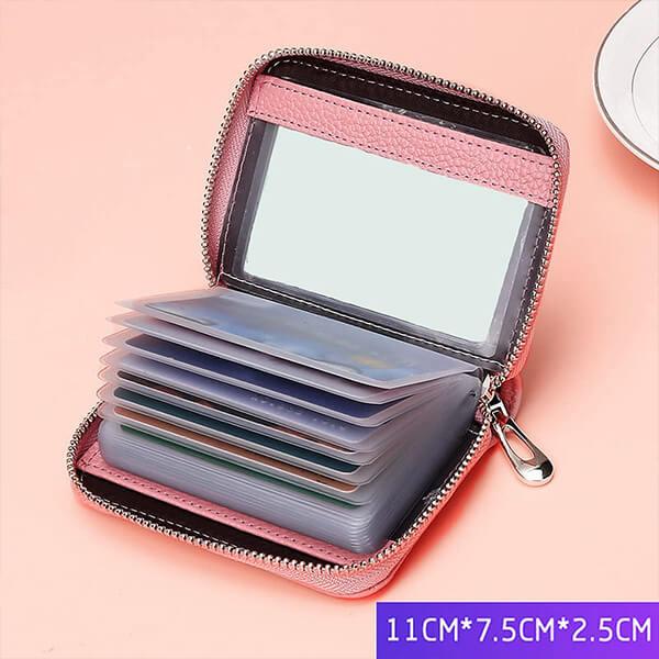 Pink Customized 20 Slots Leather Credit Card Holder Wallet for Men & Women with Zip Closure