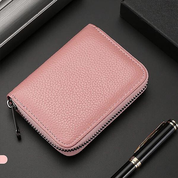 Pink Customized 20 Slots Leather Credit Card Holder Wallet for Men & Women with Zip Closure