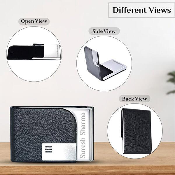 Black Customized PU Leather Stainless Steel Card Holder with Magnetic Closure for Men & Women (Size - 1.5 x 9.5 x 6.5 cm)