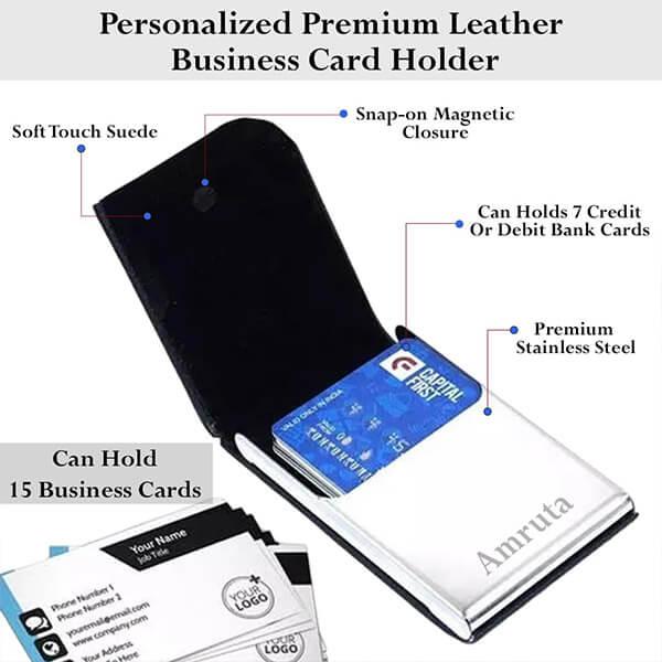 Black Customized PU Leather Stainless Steel Card Holder with Magnetic Closure for Men & Women (Size - 1.5 x 9.5 x 6.5 cm)