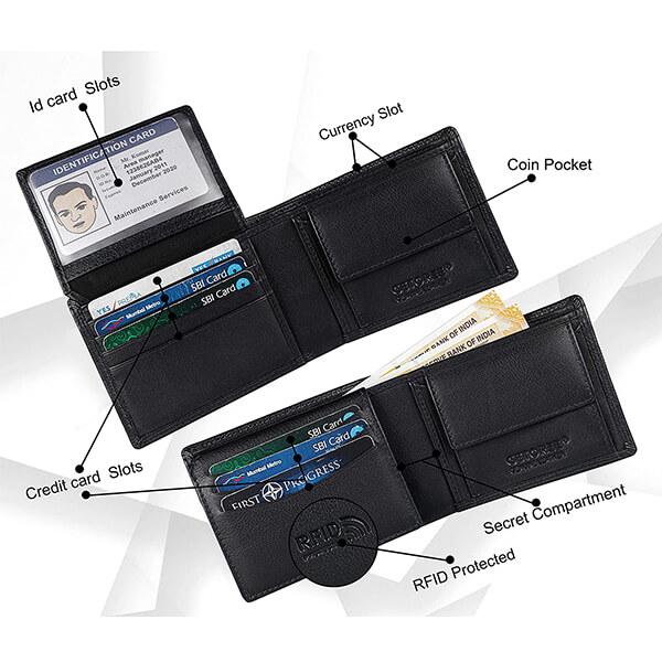 Black Customized Geotree RFID Blocking Leather Wallet for Men