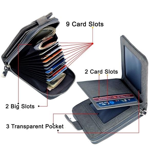 Grey Customized 11 Slot PU Leather Credit/Debit Cards Zipper Holder Wallet Coin Purse with 3 ID Window for Men & Women (12 x 4 x 8 cm)
