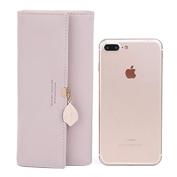 Light Pink Customized Women's Long Tri-Fold Wallet with Leaf Pendant Card Holders and Phone Pocket