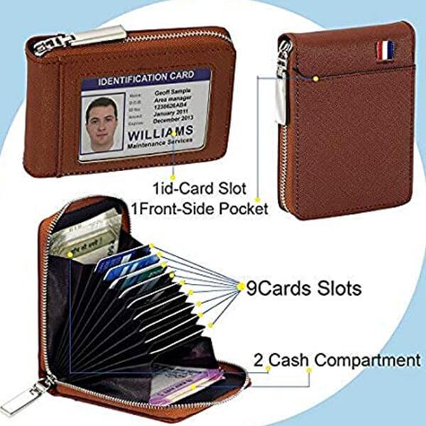 Brown Customized 9 Slot Vertical Leather Credit/Debit Zipper Card Holder Money Unisex Wallet