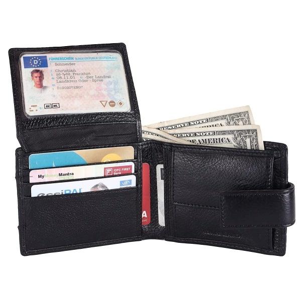 Black Customized RFID Protected Wallet for Men|6 Card Slots| 1 Coin Pocket|2 Hidden Compartment|2 Currency Slots|1 ID Slot|Loop to Lock The Wallet.