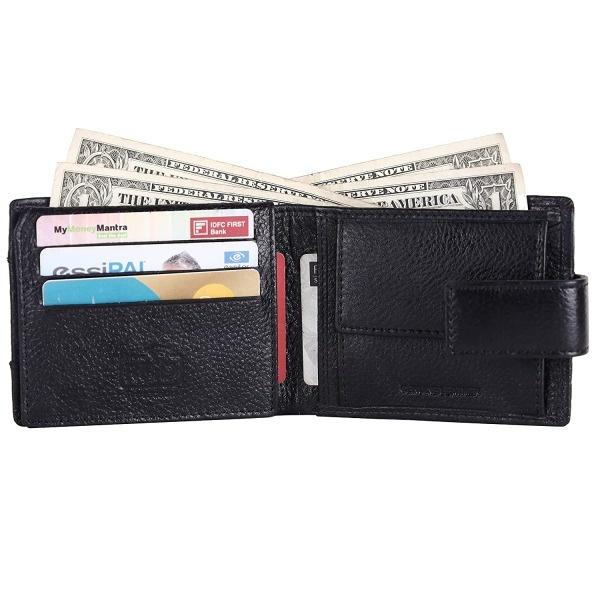 Black Customized RFID Protected Wallet for Men|6 Card Slots| 1 Coin Pocket|2 Hidden Compartment|2 Currency Slots|1 ID Slot|Loop to Lock The Wallet.