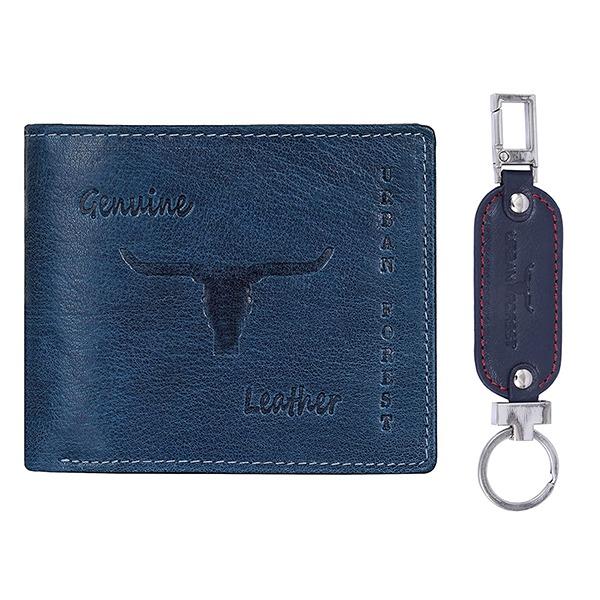 Navy Blue Customized Urban Forest Leather Wallet & Premium Keychain Combo Gift Set