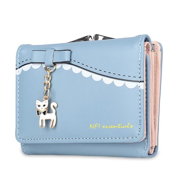 Blue Customized Nfi essentials Small Multi Fold Women's Wallets with Seprated Pouches for Holding Credit Card, Cash & Coins with Cat Shaped Metal Keychain