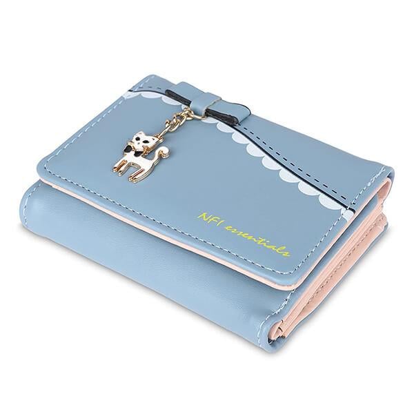 Blue Customized Nfi essentials Small Multi Fold Women's Wallets with Seprated Pouches for Holding Credit Card, Cash & Coins with Cat Shaped Metal Keychain
