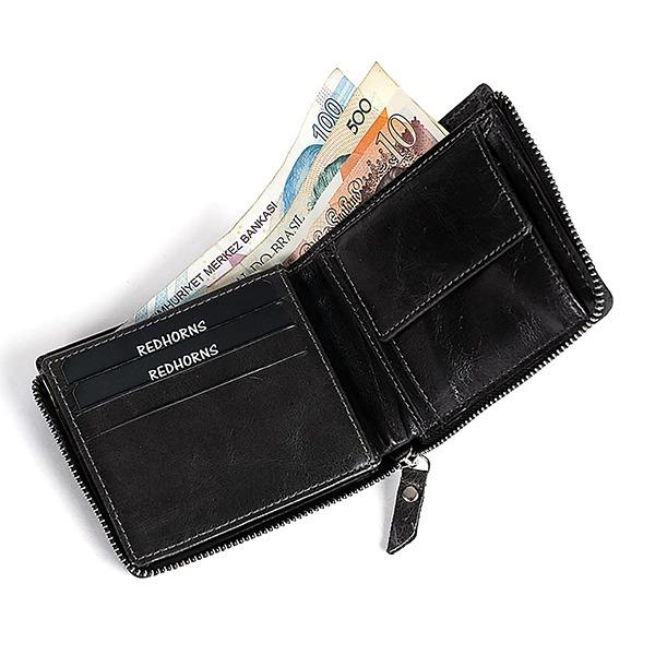 Black Customized Genuine Leather Multi Pocket Wallet with Zipper