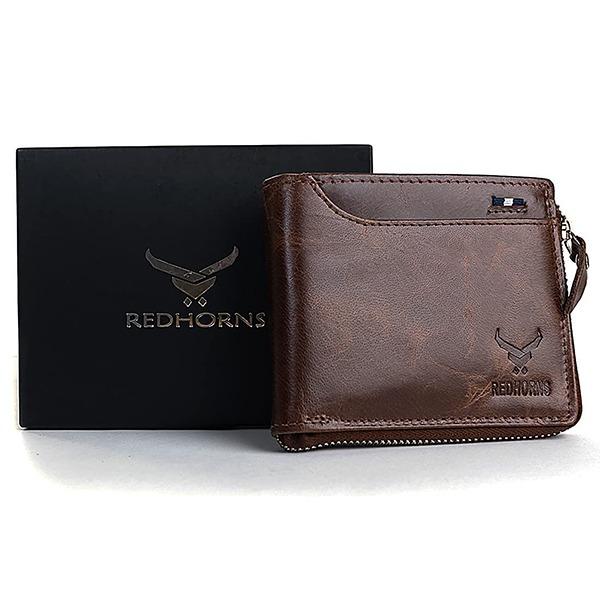 Brown Customized Genuine Leather Multi Pocket Wallet with Zipper for Men