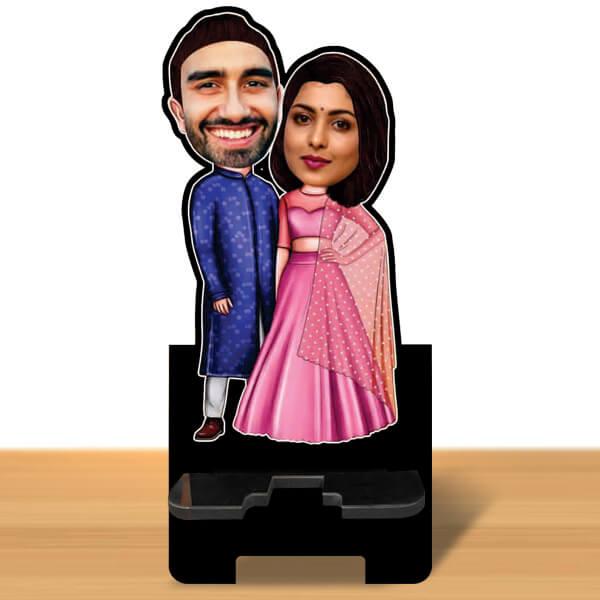 Indian Attire Couple Customized Caricature Mobile Stand - 6 x 4 inches