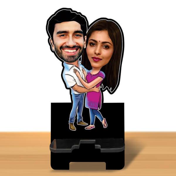 Smiling Couple Customized Caricature Mobile Stand - 6 x 4 inches
