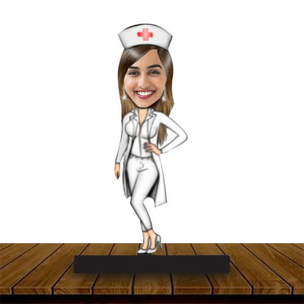 Modern Nurse Customized Wooden Caricature Bobble Head - 8 x 6 inches
