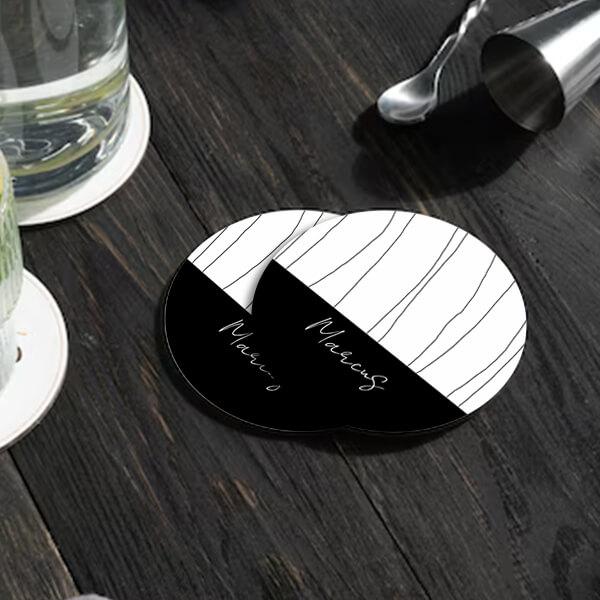 Chic Monograme Black and White Geometric Pattern Customized Photo Printed Circle Tea & Coffee Coasters