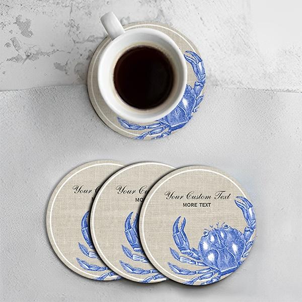 Cool Vintage Nautical Blue Crab Customized Photo Printed Circle Tea & Coffee Coasters